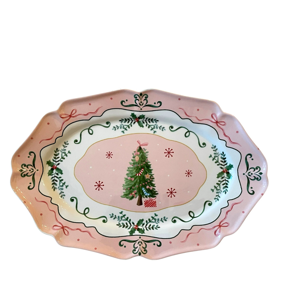 Pink Christmas Tree Serving Platter 14x10 Ceramic Holiday Bows Holly NEW